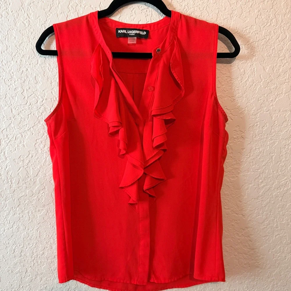 Karl Lagerfeld Paris Ruffle Front Sleeveless Blouse Size S Red Chic Professional